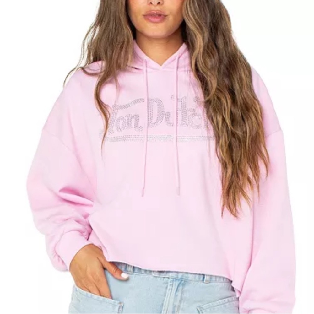 Von Dutch Pink Rhinestone Cropped Hoodie Y2K S NWT - Picture 1 of 10